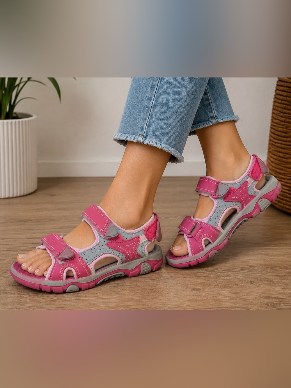 Khombu Girls Pink Gray Sport Sandals Size 2 Hook & Loop